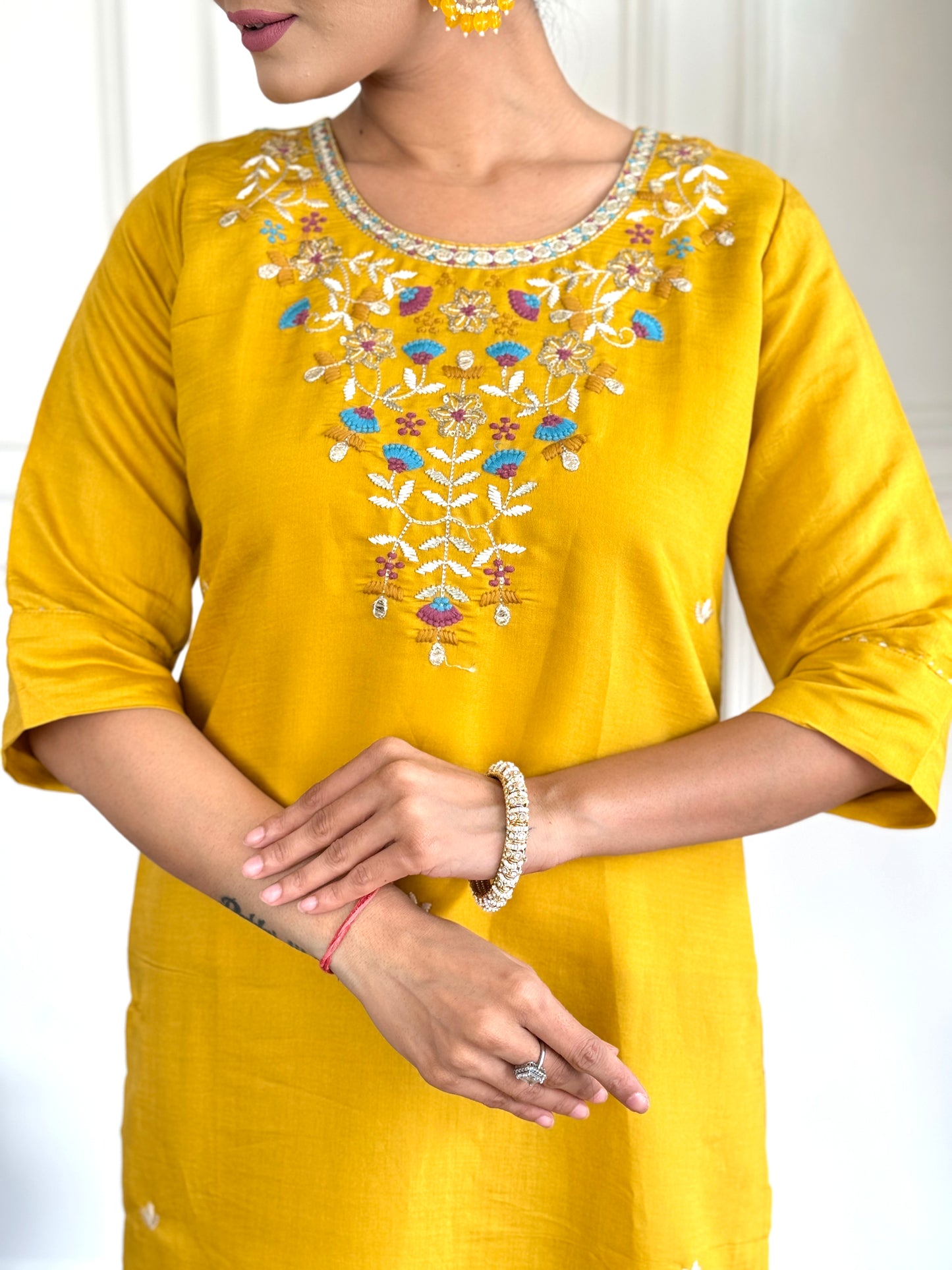 Beautiful Yellow Embroidered Kurti Set for Women