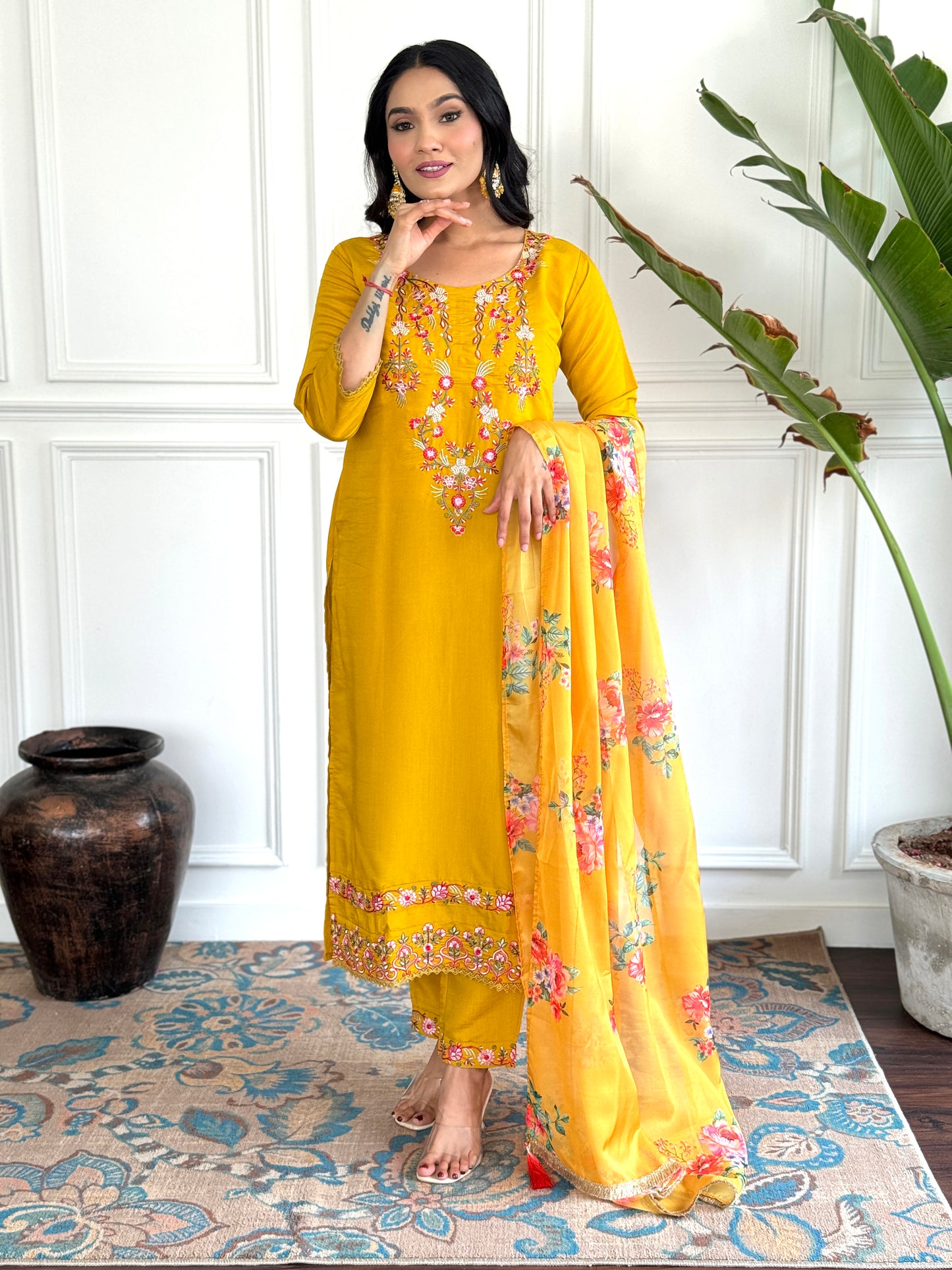 Mustard Viscose Chanderi Straight Embroidery Kurta Set