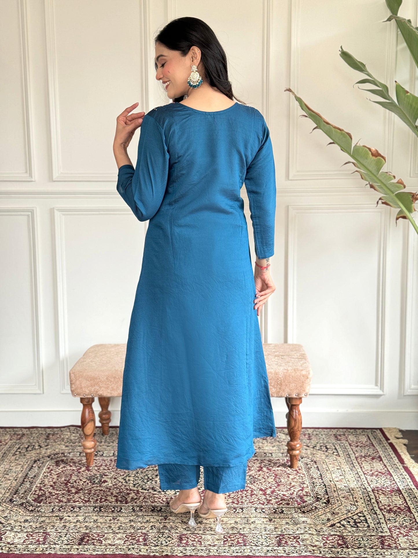 Women's Embroidered A-Line Blue Kurta Suit Set