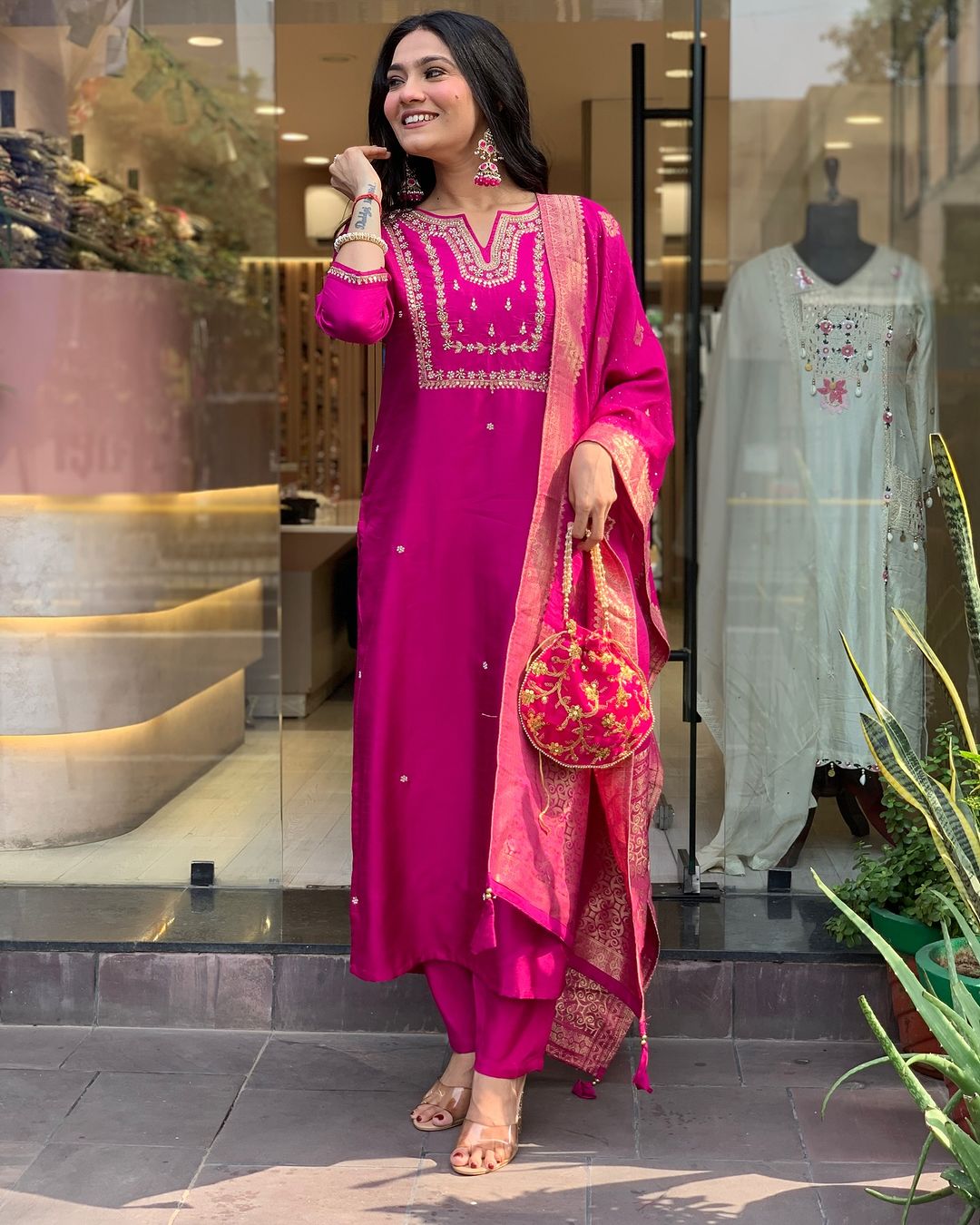 Women's Wine Viscose Muslin Embroidered Straight Kurta Set