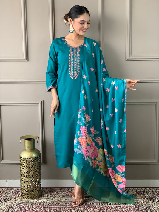 Women Embroidered Viscose Straight Kurta Set with Dupatta