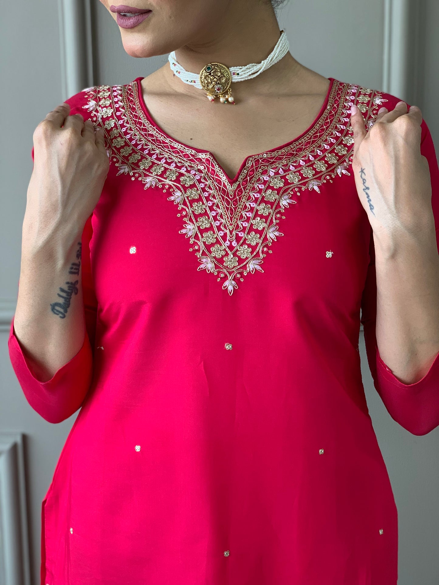 Women's Red Mustard Embroidered Silk Kurta Set with Dupatta