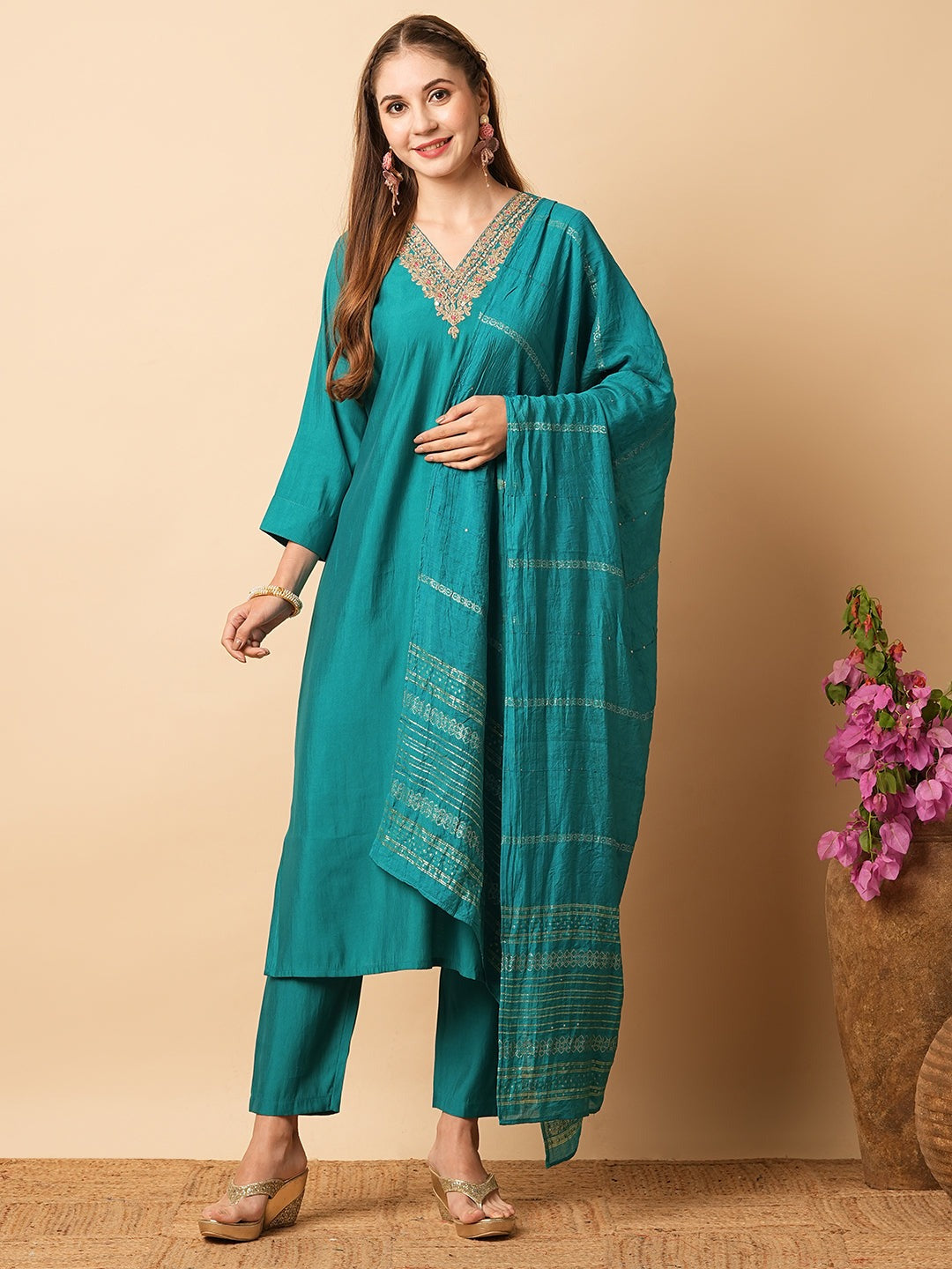 Embroidered Thread Work A-Line Kurta with Trousers & Dupatta