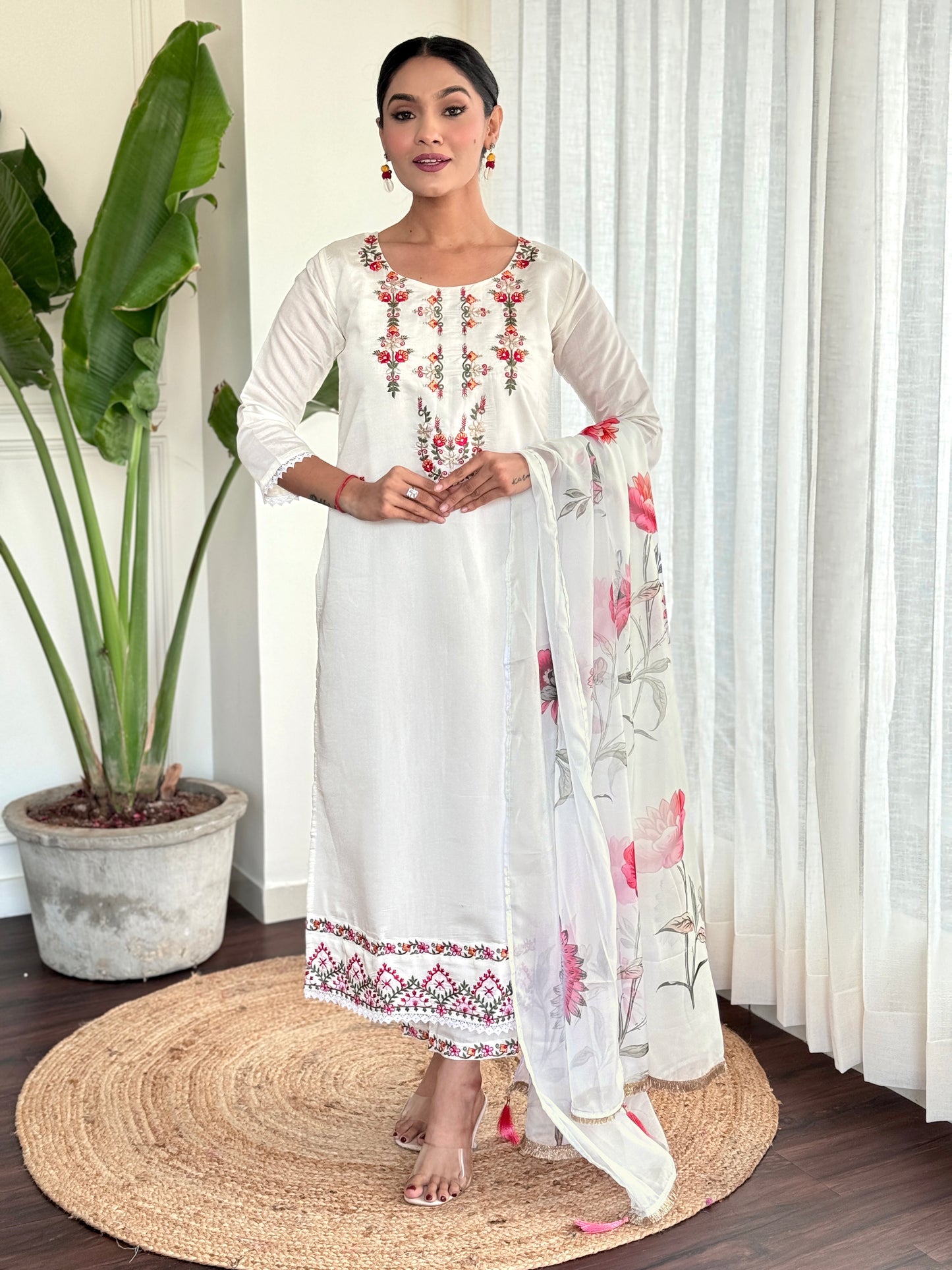 Women Embroidered Silk Straight Kurta Set With Dupatta