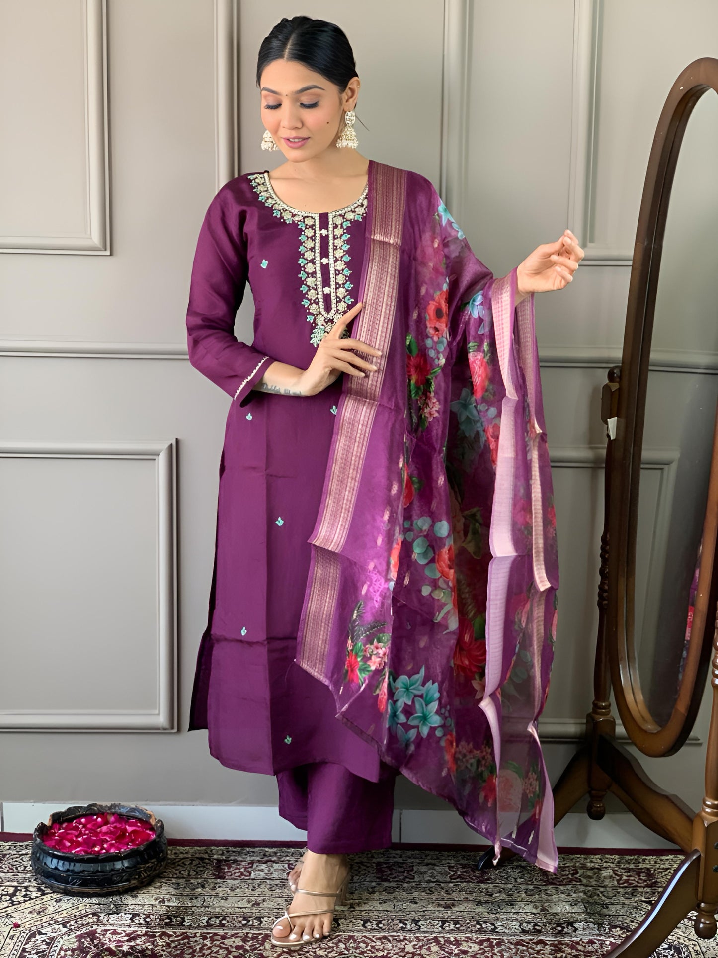 Wine Embroidered Straight Kurta Set with Dupatta