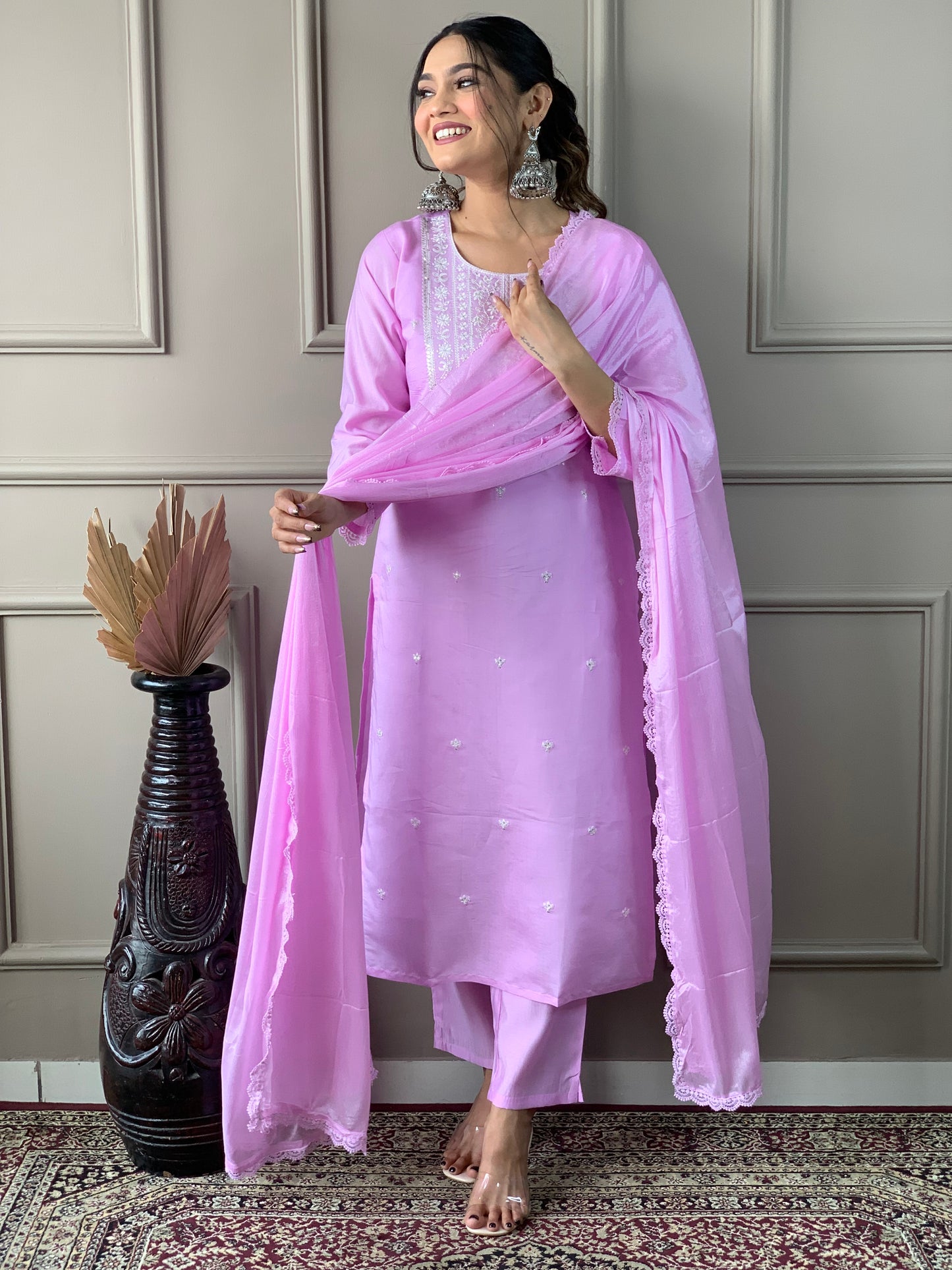 Women's Pink Printed Kurta With Pant & Dupatta Set