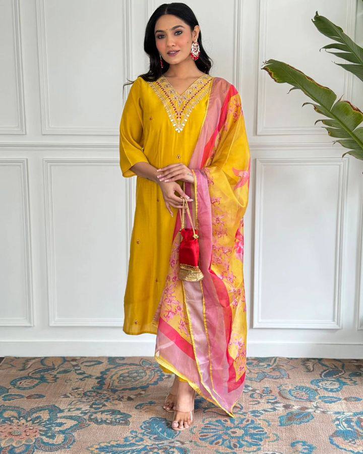 Women’s Mustard Embroidered Straight Kurta Set with Dupatta