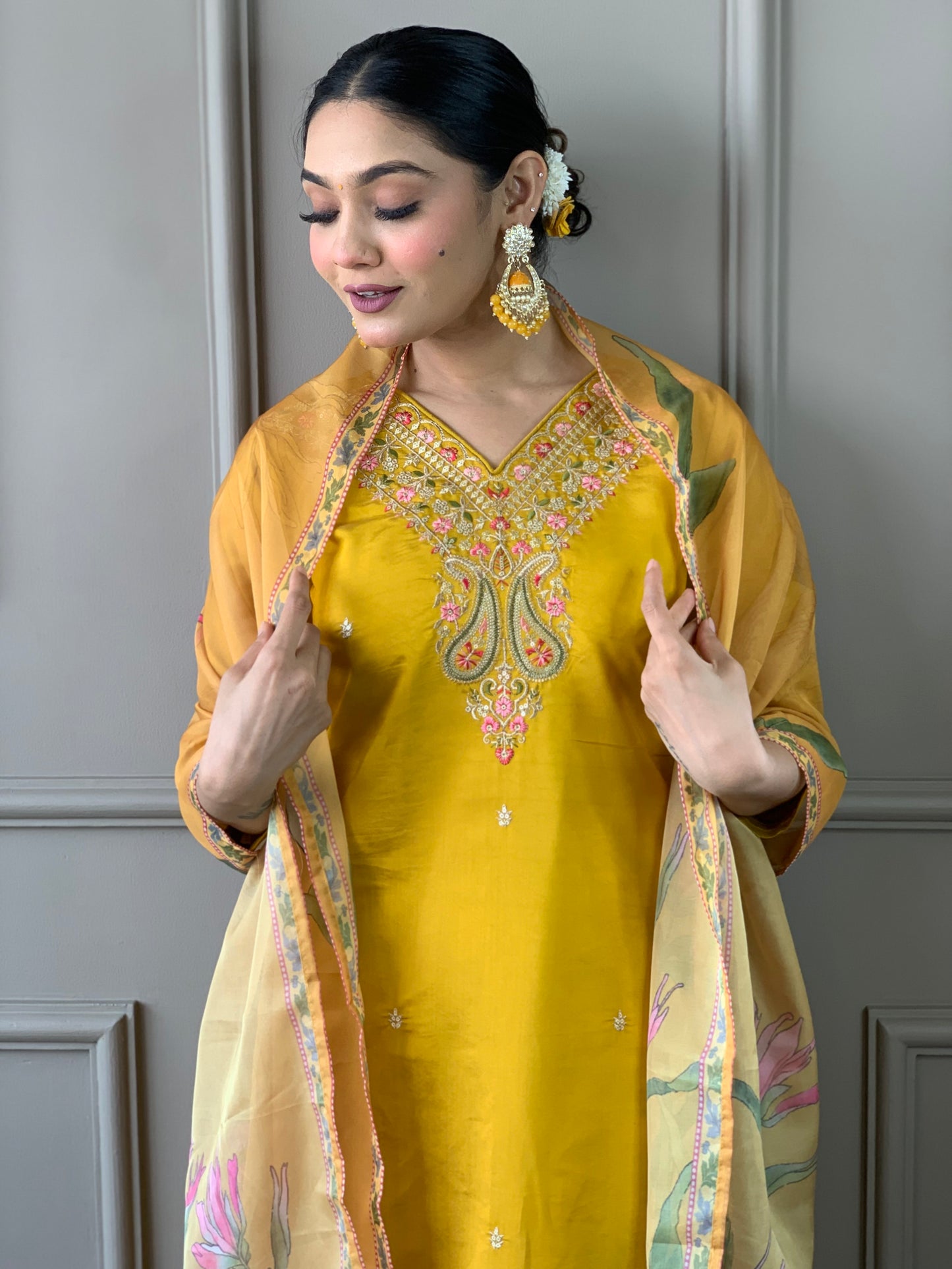 Women's Mustard Embroidered Viscose Kurta Set with Printed Dupatta