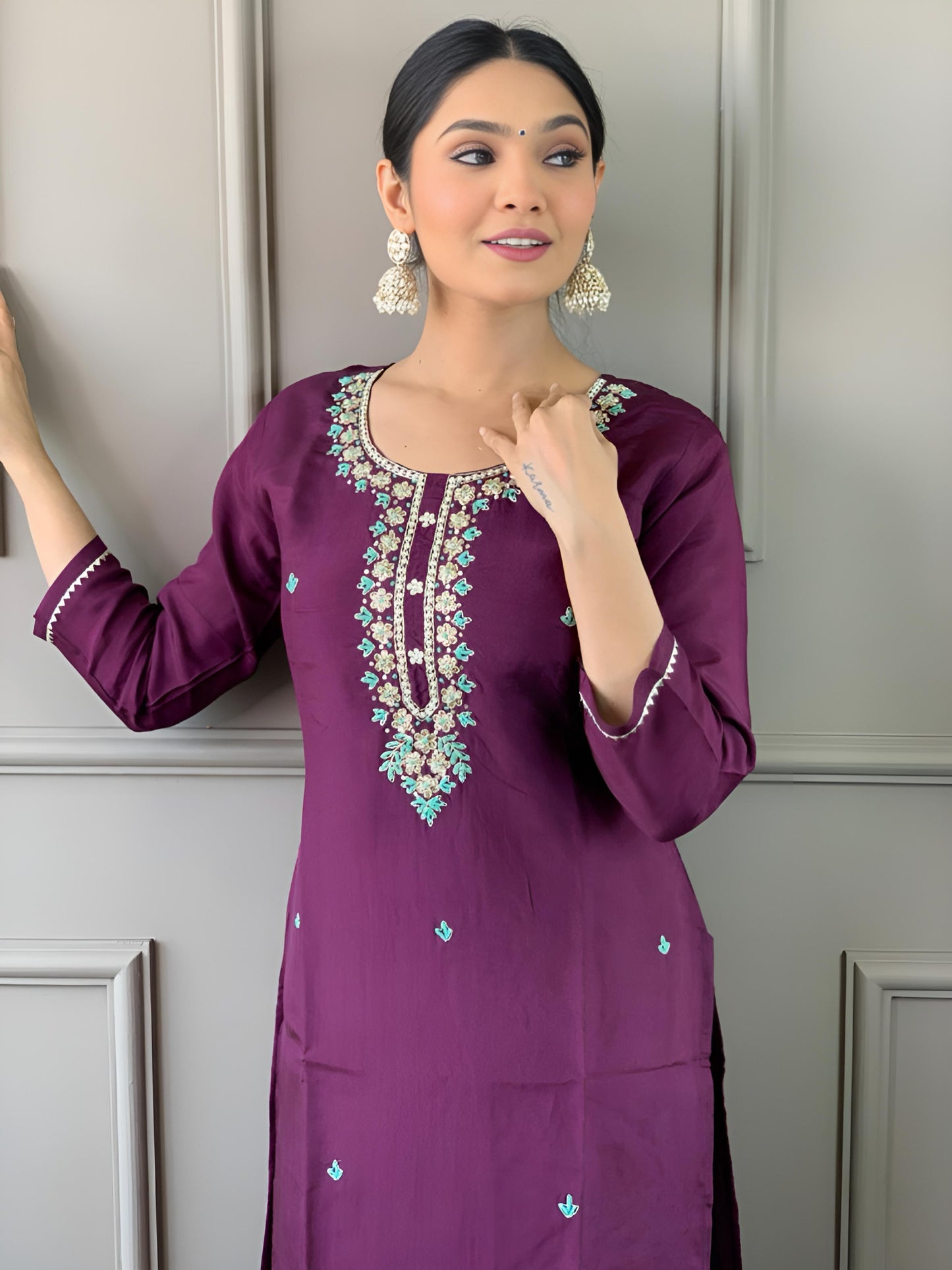 Wine Embroidered Straight Kurta Set with Dupatta