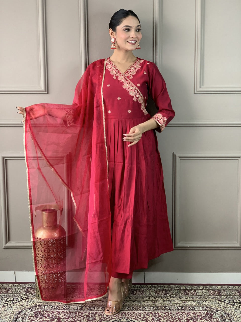 Anarkali  Chanderi Embroidered Kurta Set with  Dupatta