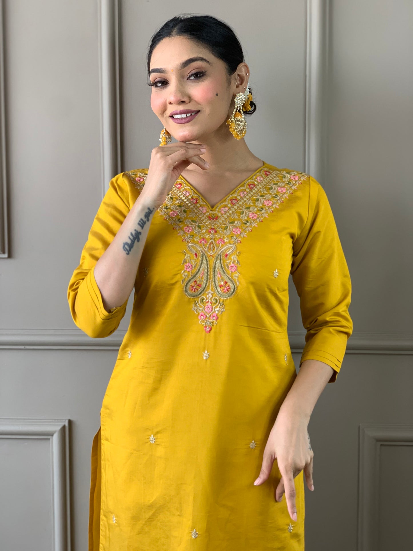 Women's Mustard Embroidered Viscose Kurta Set with Printed Dupatta