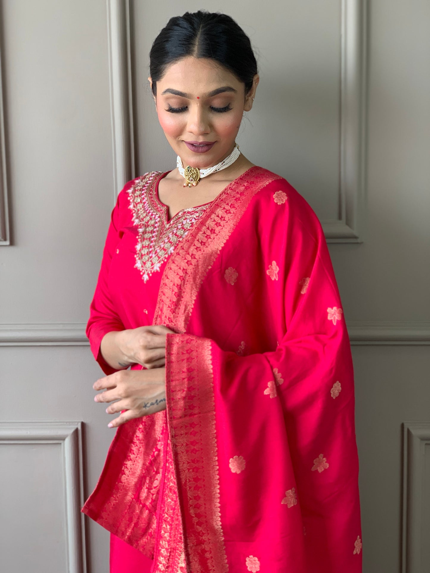 Women's Red Mustard Embroidered Silk Kurta Set with Dupatta