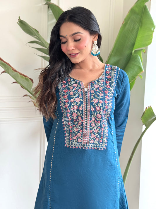 Women's Embroidered A-Line Blue Kurta Suit Set