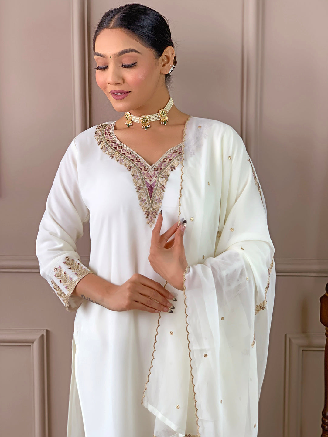 Women Embellished & Embroidered Straight Kurta with Dupatta