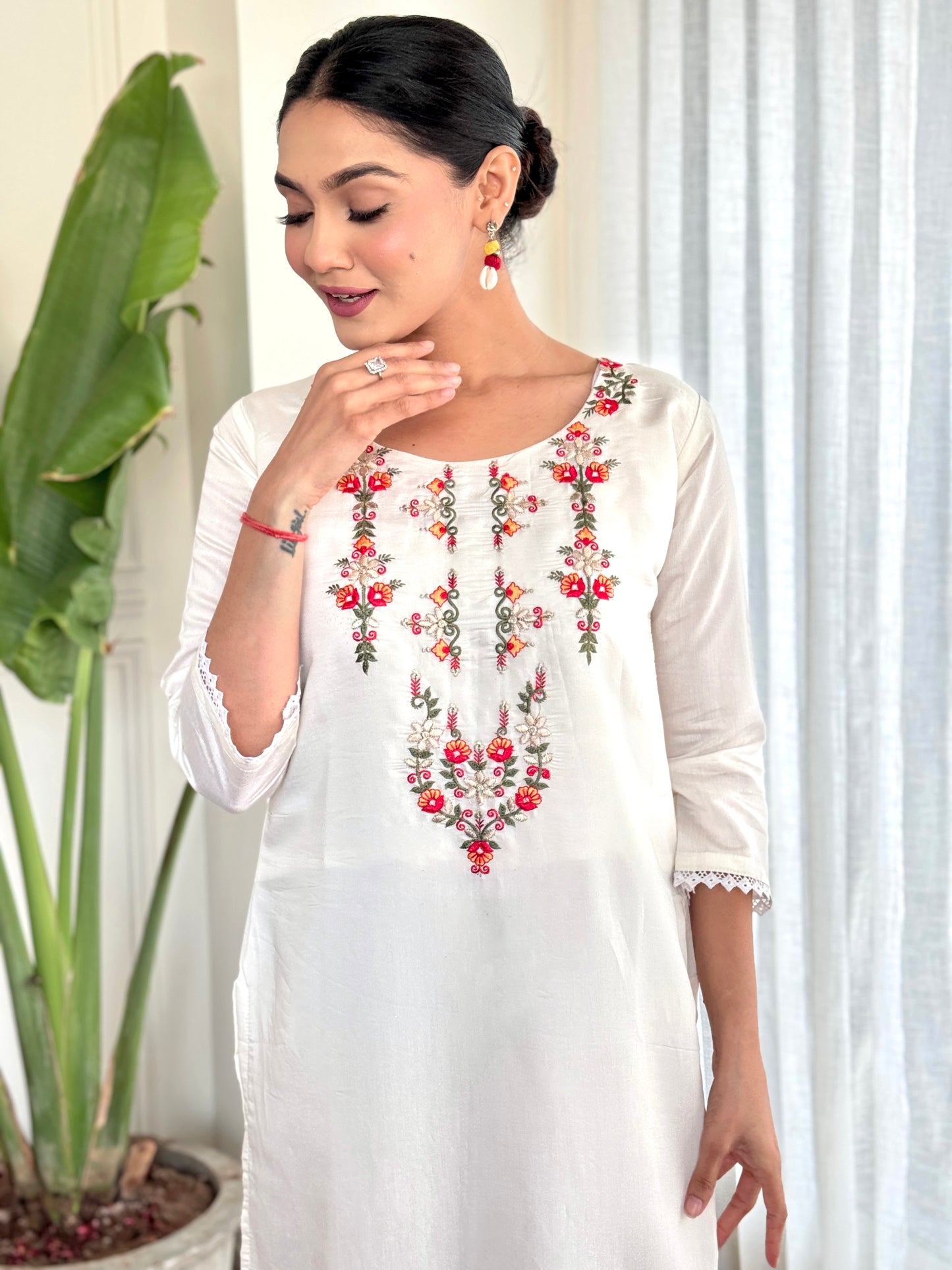 Women Embroidered Silk Straight Kurta Set With Dupatta