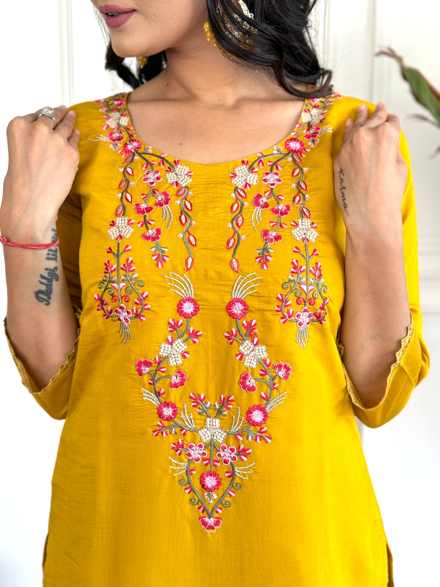 Mustard Viscose Chanderi Straight Embroidery Kurta Set