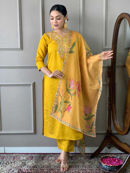 Women's Mustard Embroidered Viscose Kurta Set with Printed Dupatta