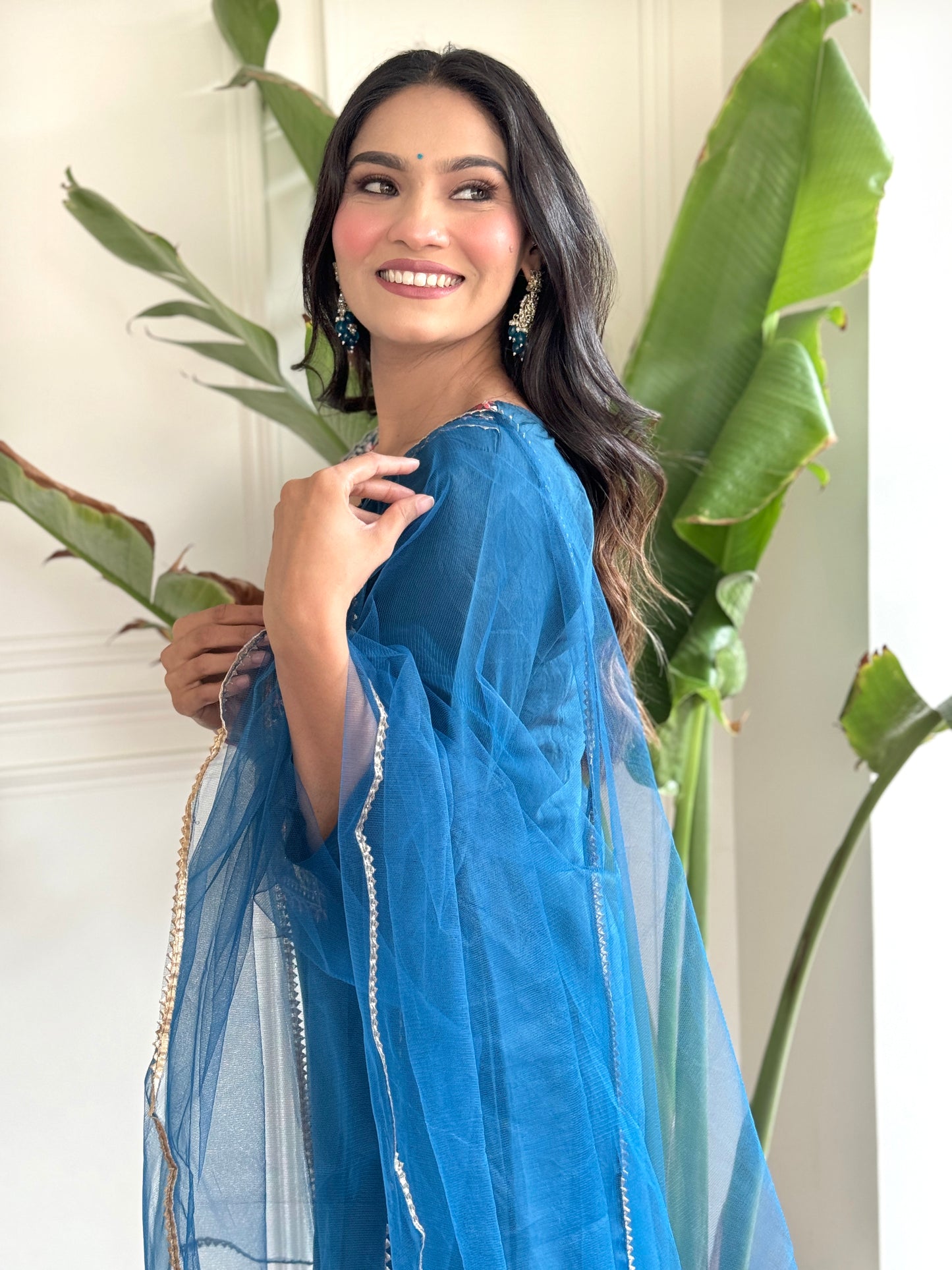 Women's Embroidered A-Line Blue Kurta Suit Set