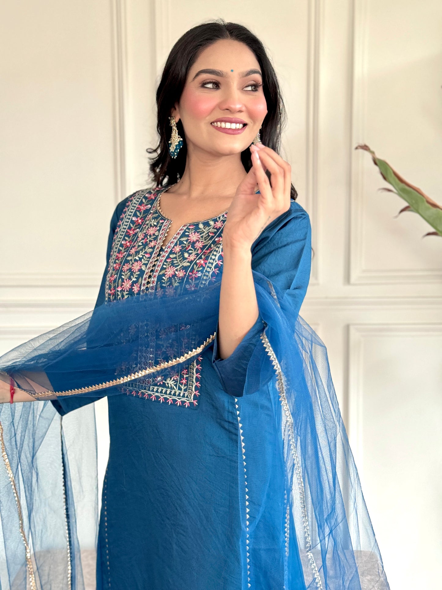 Women's Embroidered A-Line Blue Kurta Suit Set