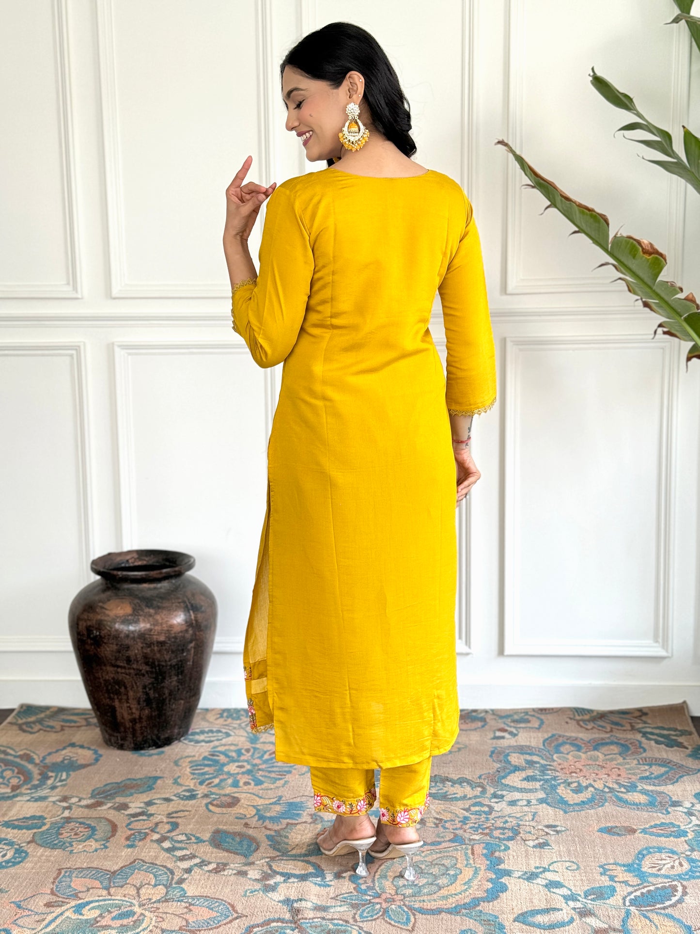 Mustard Viscose Chanderi Straight Embroidery Kurta Set