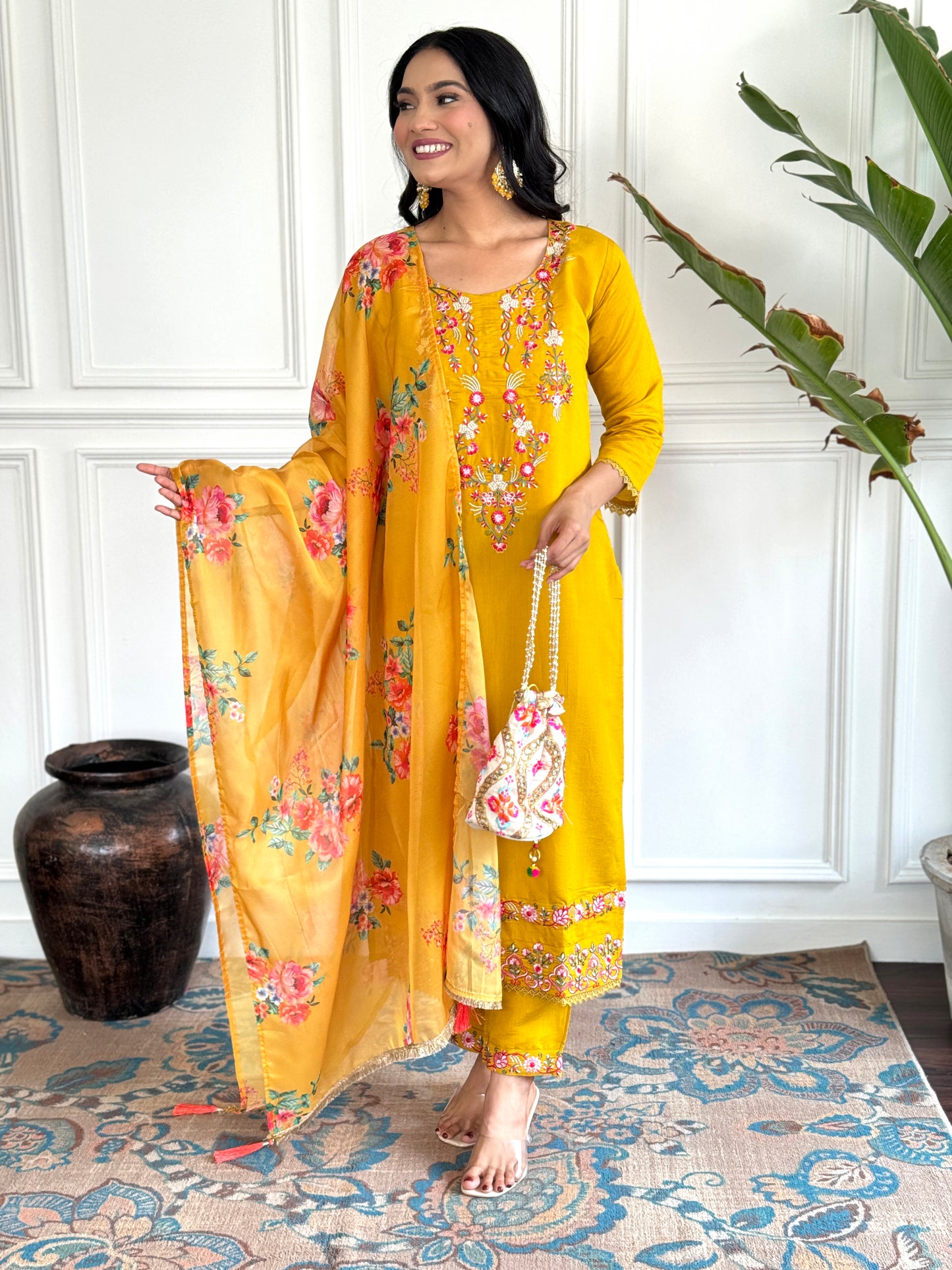 Mustard Viscose Chanderi Straight Embroidery Kurta Set