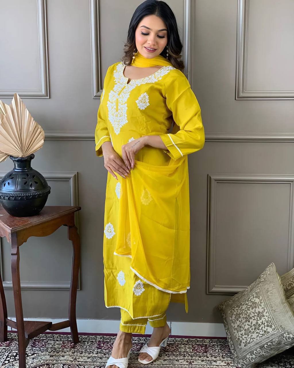 Women Embroidered Pure Viscose Chanderi Kurta Set in Yellow