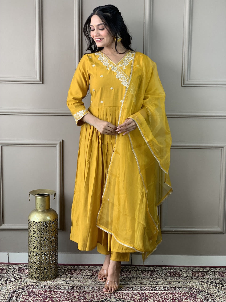 Anarkali  Chanderi Embroidered Kurta Set with  Dupatta