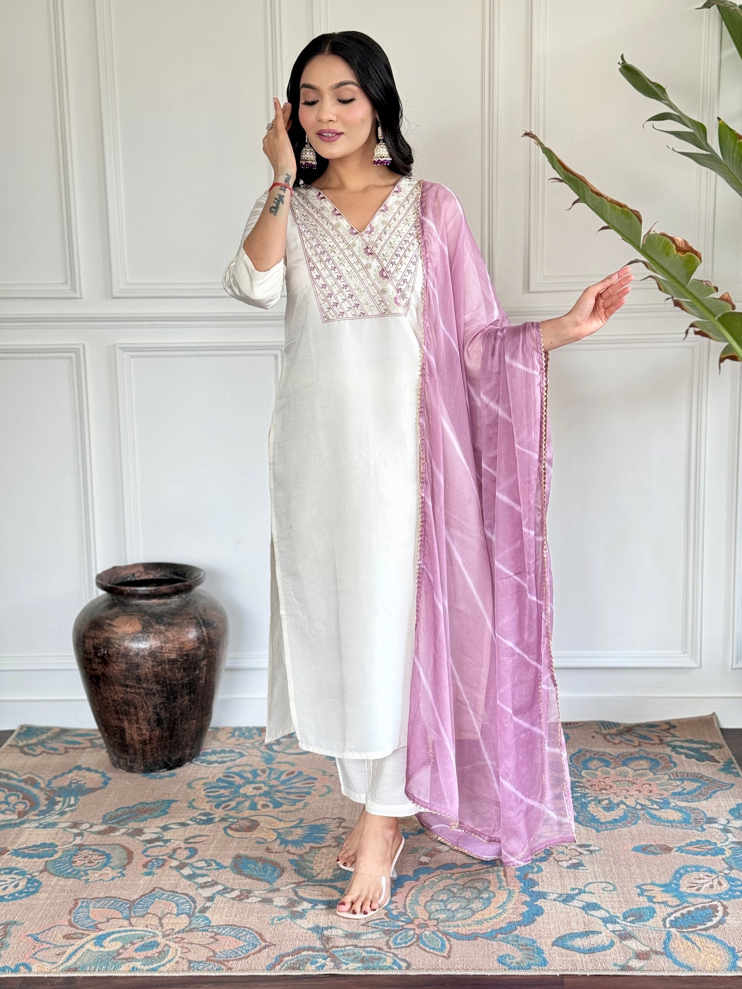 Women’s Embroidered Chanderi Kurta Set with Dupatta