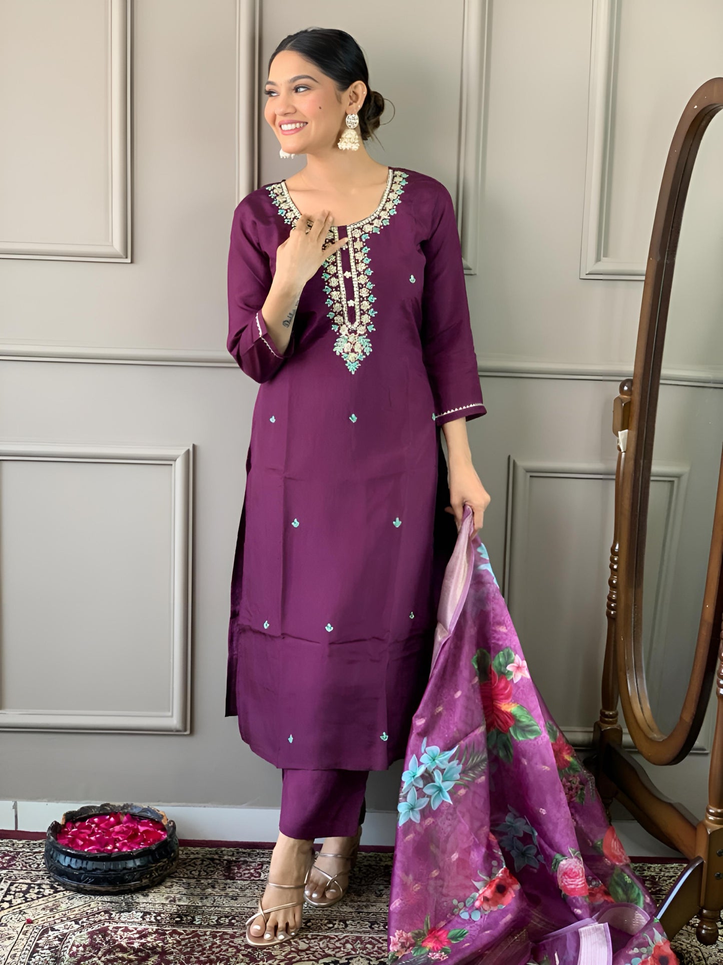 Wine Embroidered Straight Kurta Set with Dupatta