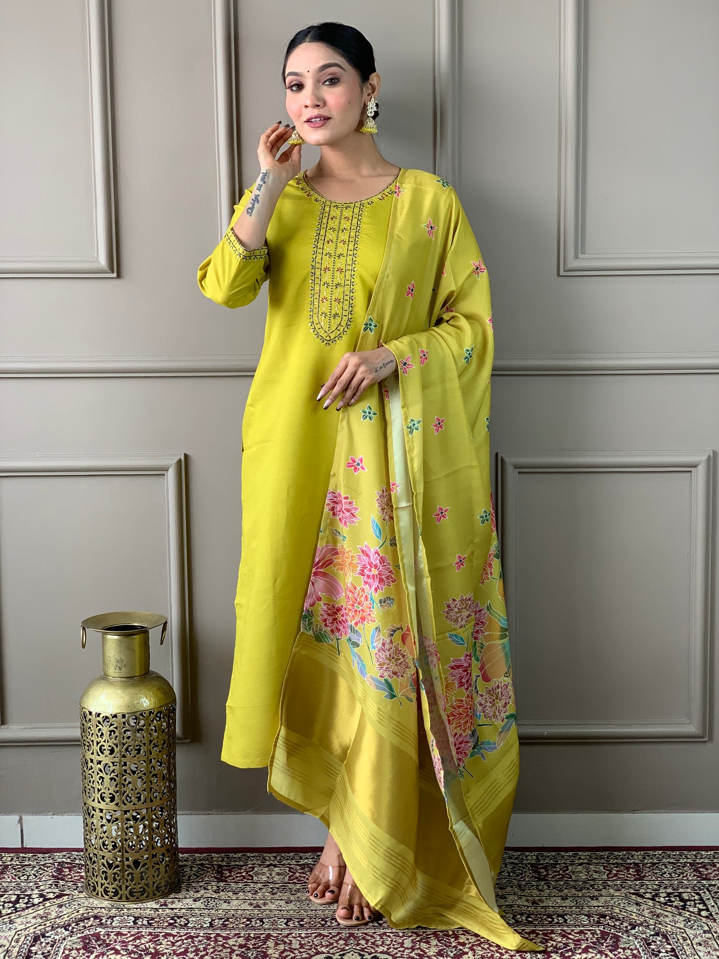 Women Embroidered Viscose Straight Kurta Set with Dupatta