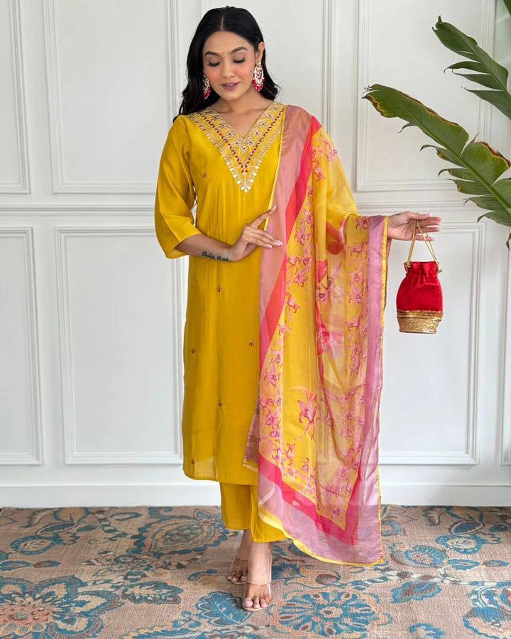 Women’s Mustard Embroidered Straight Kurta Set with Dupatta