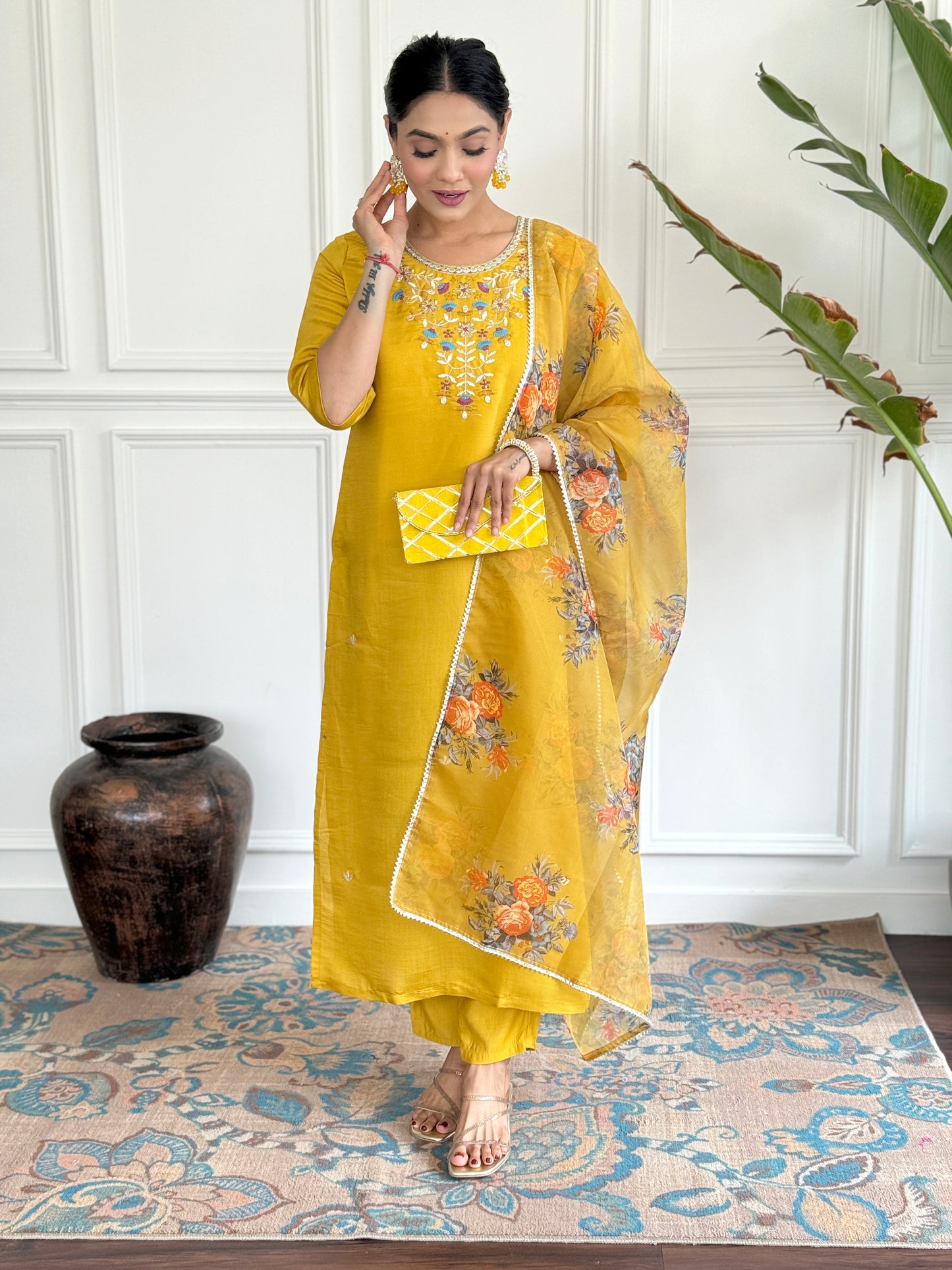 Beautiful Yellow Embroidered Kurti Set for Women