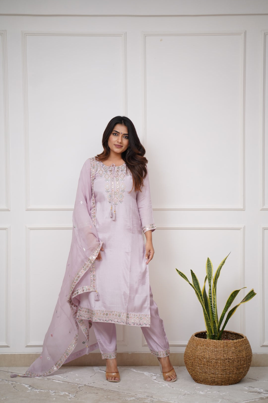 Women  Embroidered Silk Kurta With Pant And Crochet Worked Printed Dupatta Set