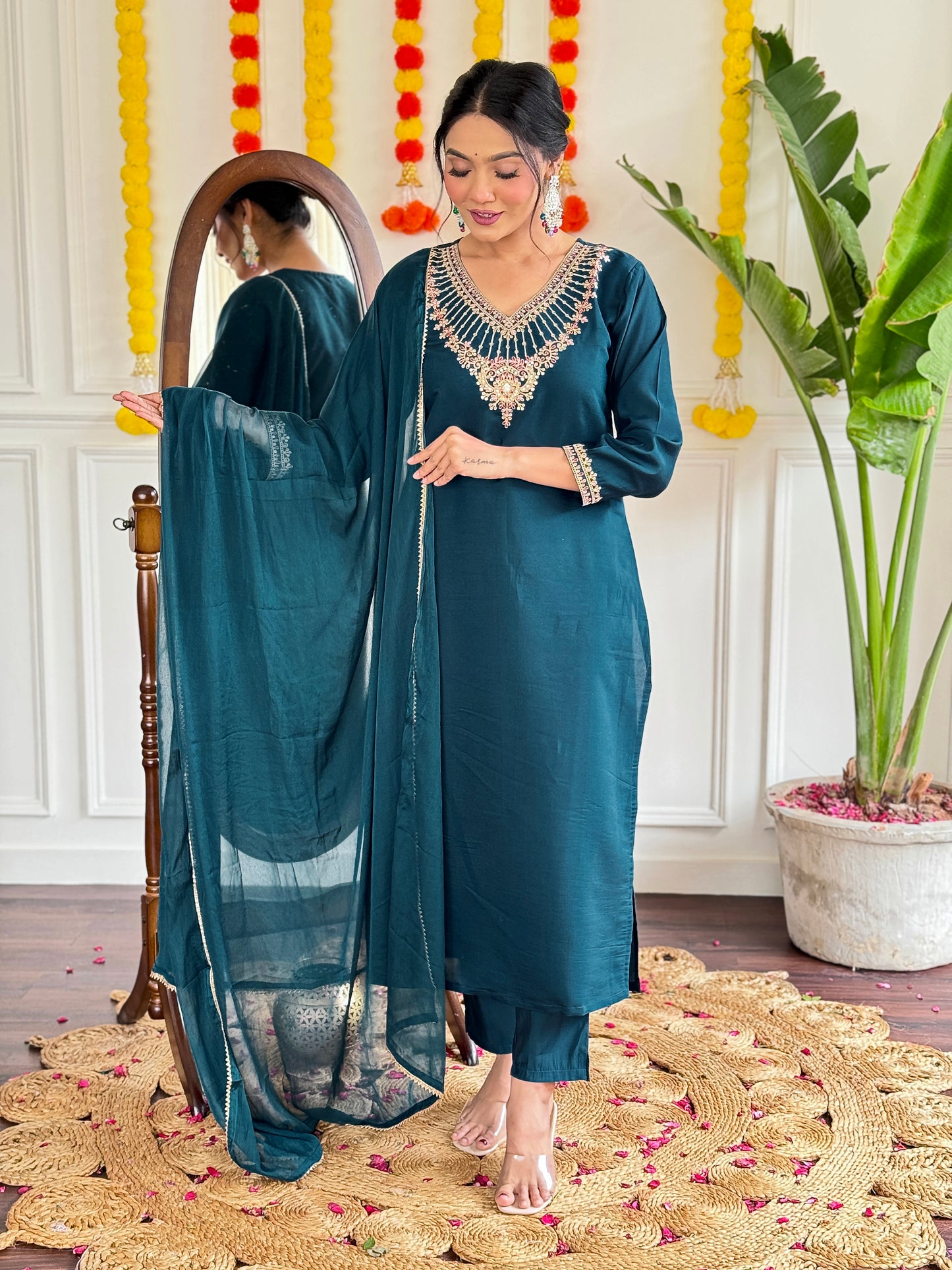 Women Embroidered Kurta with Pants And Dupatta Set