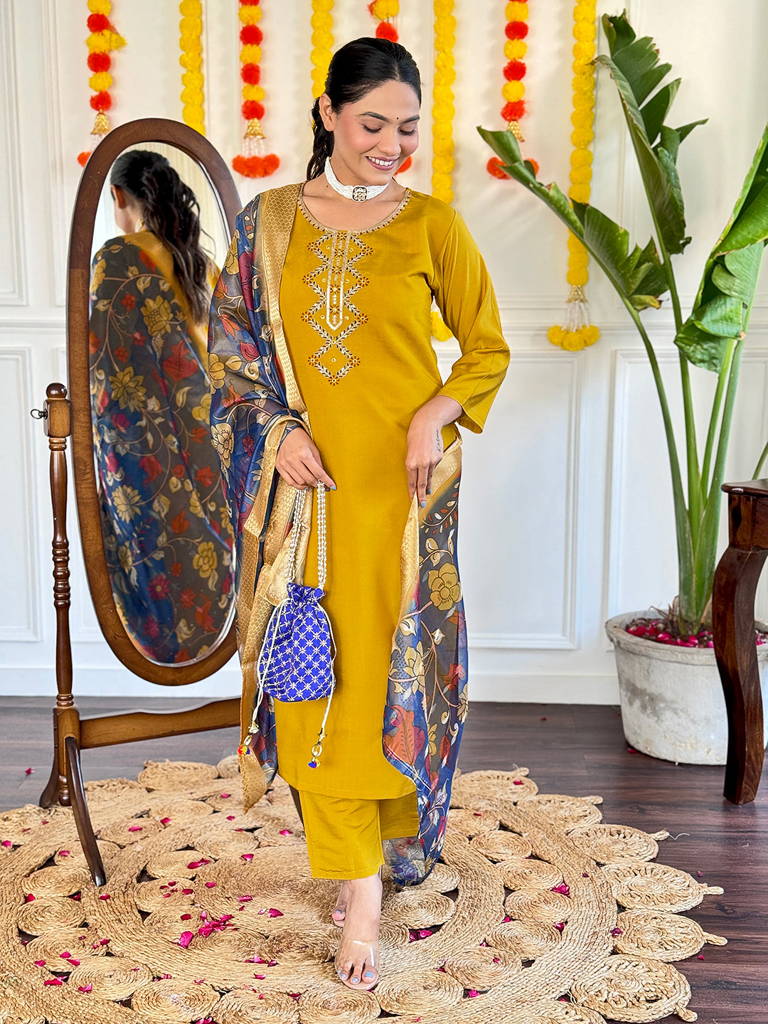 Women Embroidered Straight Kurta with Pants And Dupatta Set