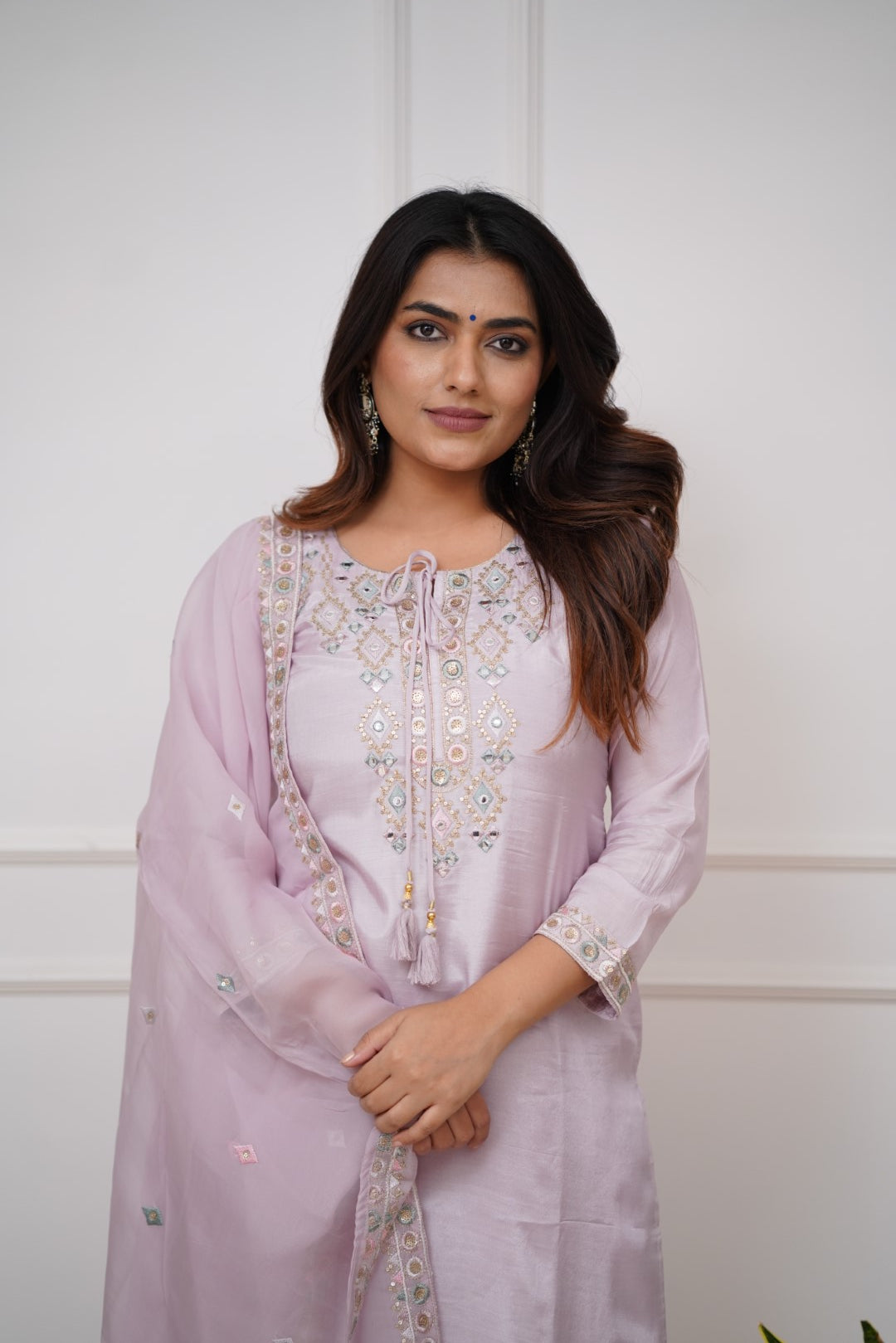 Women  Embroidered Silk Kurta With Pant And Crochet Worked Printed Dupatta Set