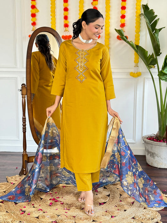 Women Embroidered Straight Kurta with Pants And Dupatta Set