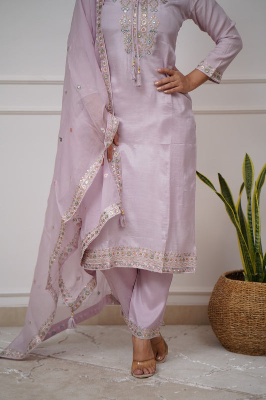 Women  Embroidered Silk Kurta With Pant And Crochet Worked Printed Dupatta Set