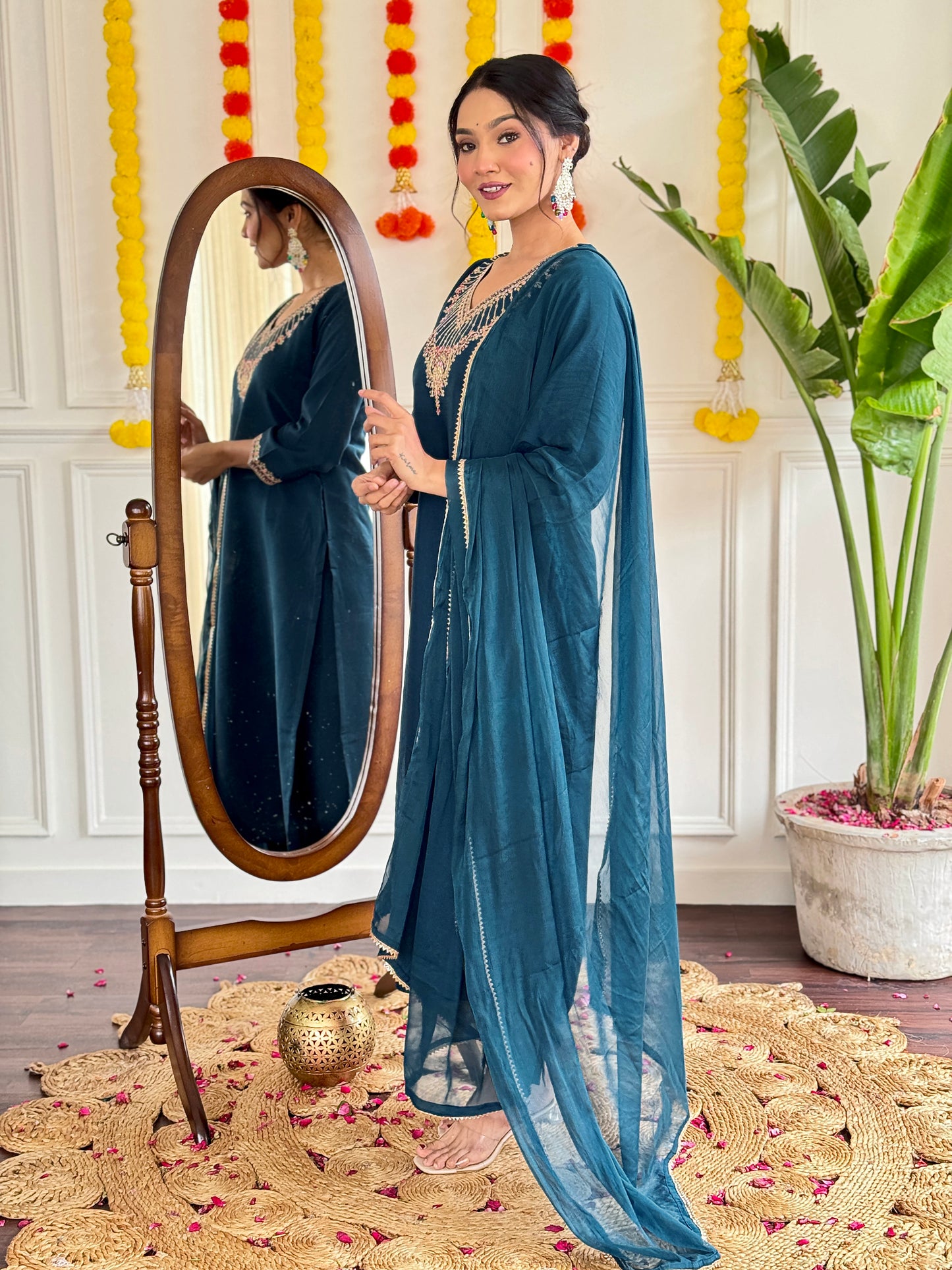 Women Embroidered Kurta with Pants And Dupatta Set