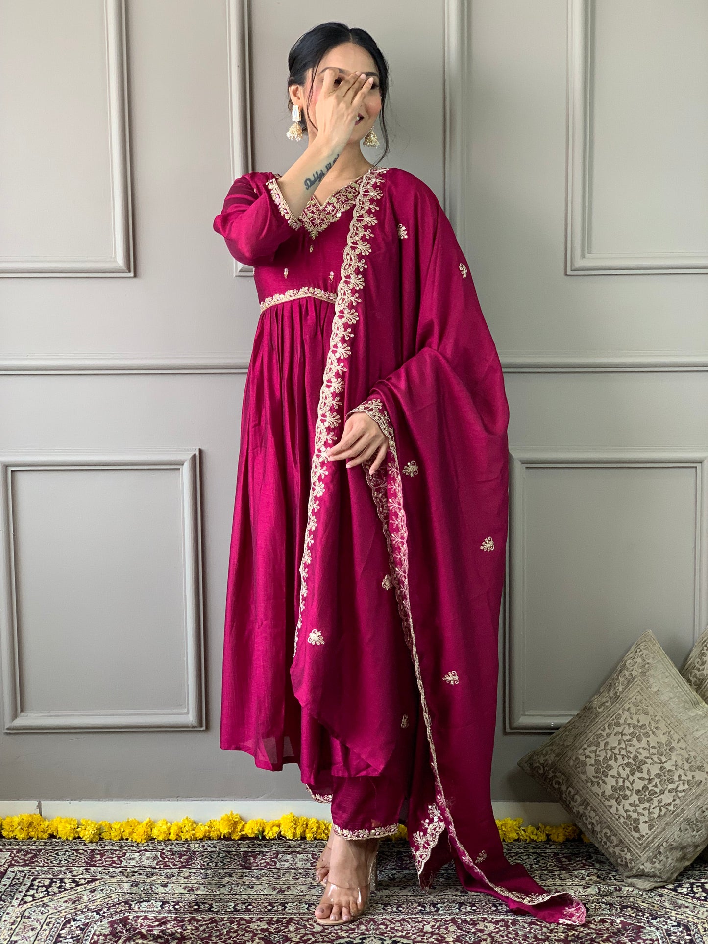 Women's Wine Vichitra Silk Embroidered Flared Kurta with Vichitra Silk Pant and Vichitra Silk Embroidered Dupatta Sets