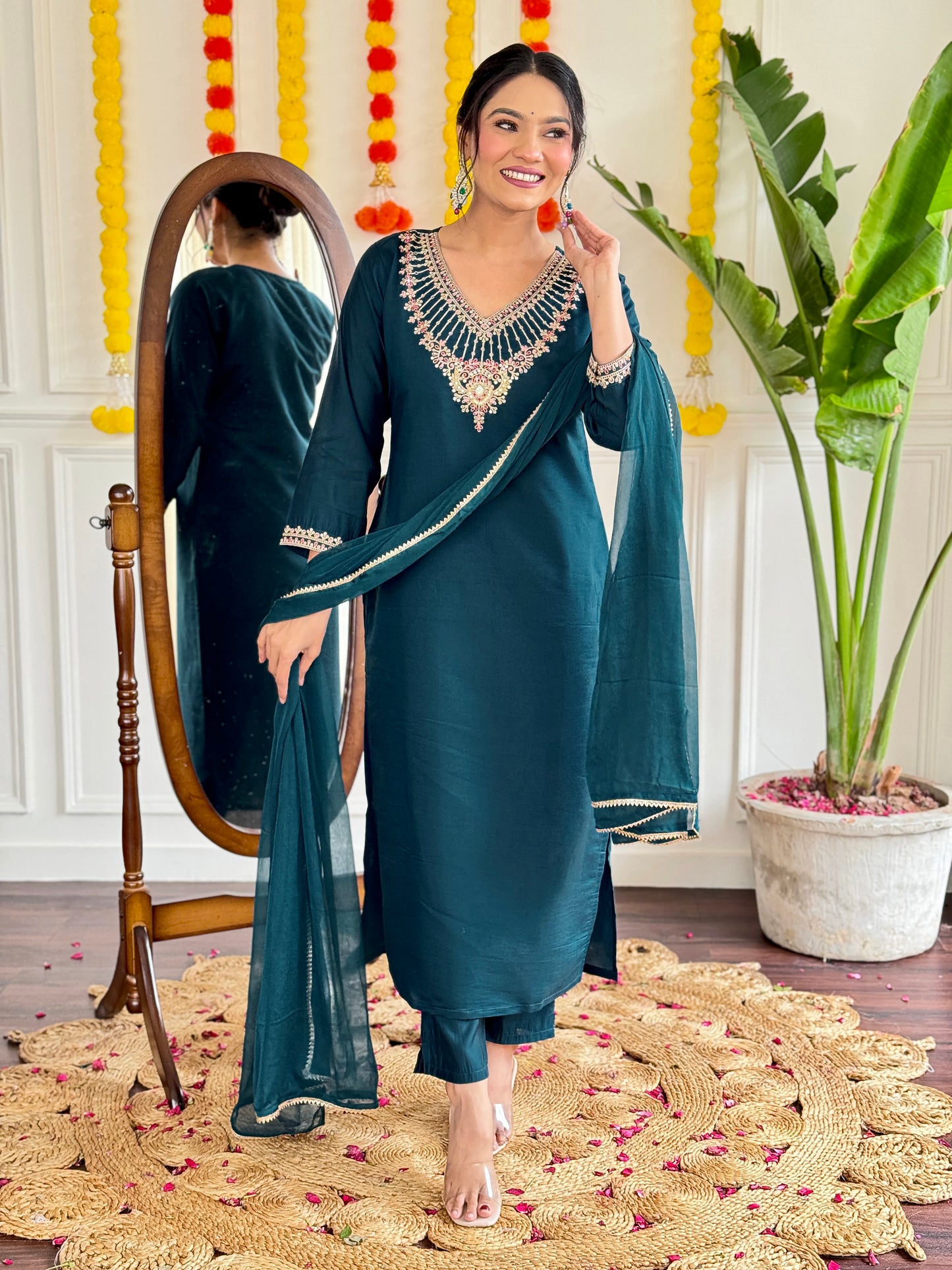 Women Embroidered Kurta with Pants And Dupatta Set