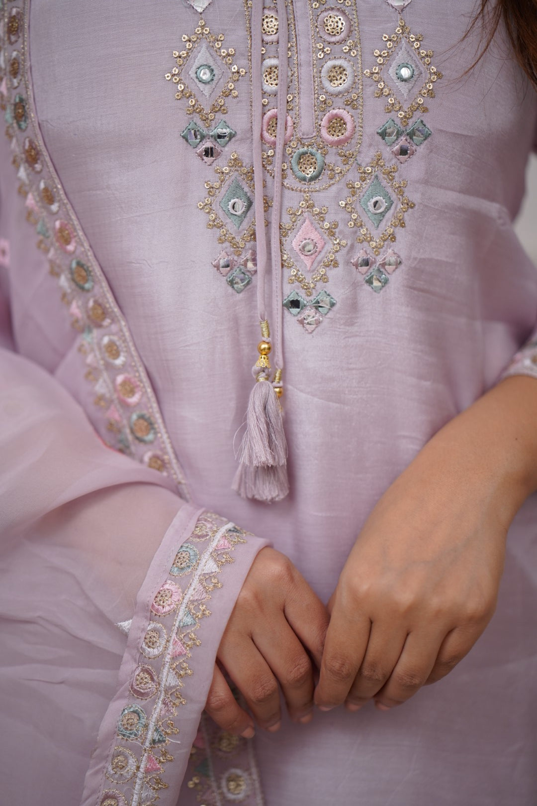 Women  Embroidered Silk Kurta With Pant And Crochet Worked Printed Dupatta Set