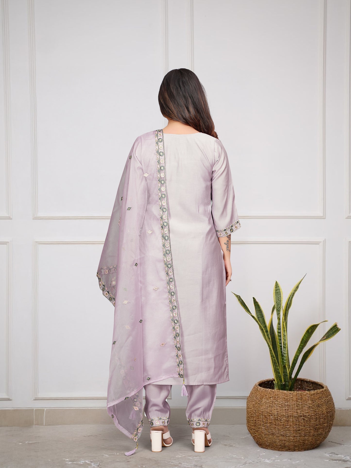 Women  Embroidered Silk Kurta With Pant And Crochet Worked Printed Dupatta Set