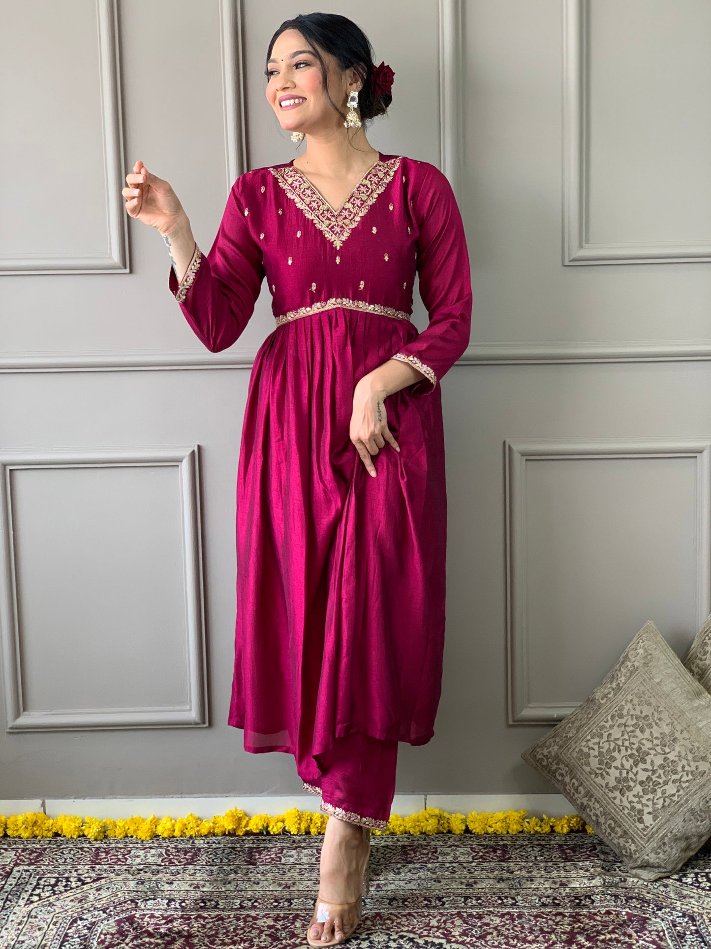 Women's Wine Vichitra Silk Embroidered Flared Kurta with Vichitra Silk Pant and Vichitra Silk Embroidered Dupatta Sets