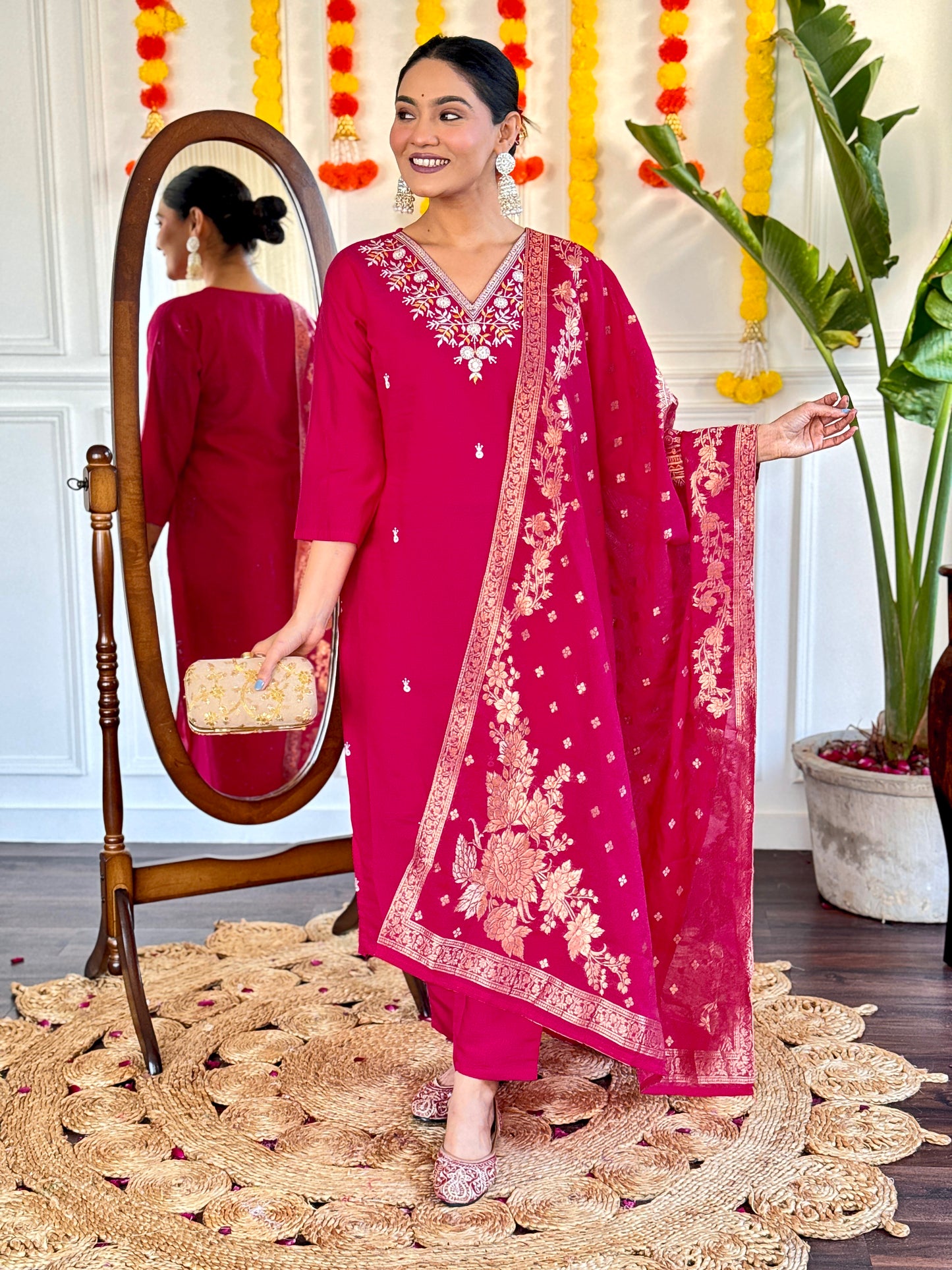 Women Embroidered Straight Kurta with Pants And Dupatta Set