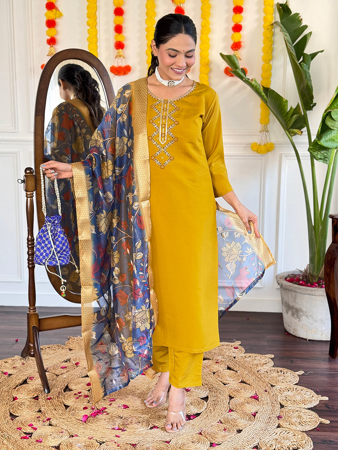 Women Embroidered Straight Kurta with Pants And Dupatta Set