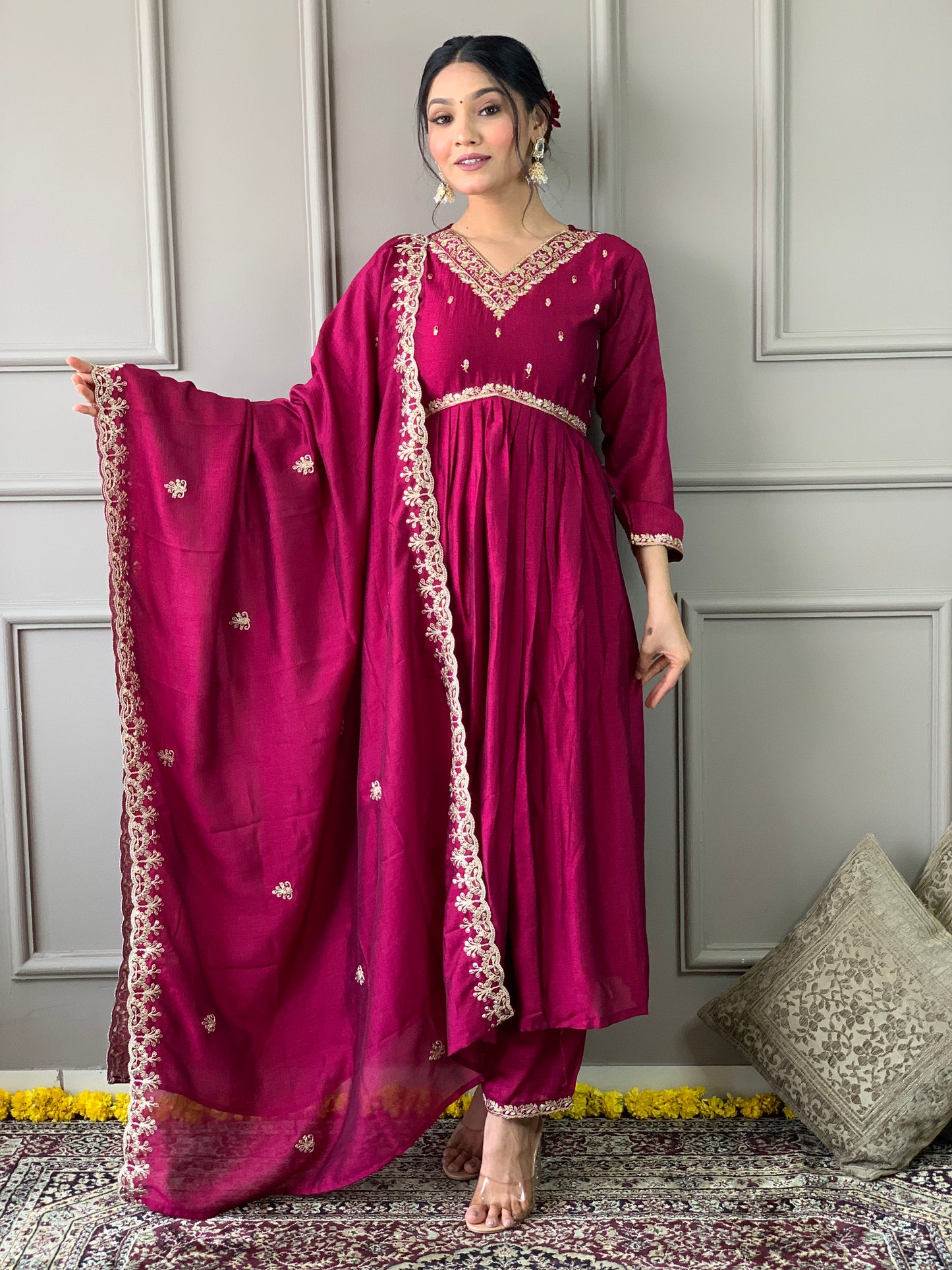 Women's Wine Vichitra Silk Embroidered Flared Kurta with Vichitra Silk Pant and Vichitra Silk Embroidered Dupatta Sets