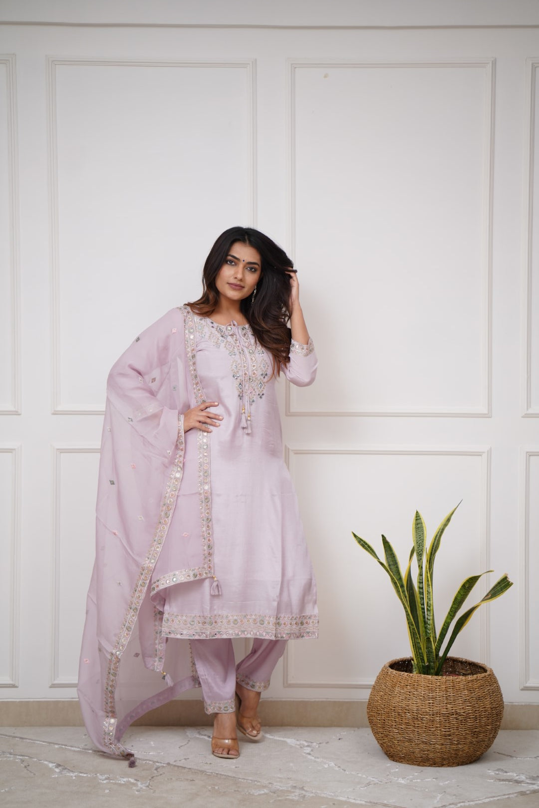 Women  Embroidered Silk Kurta With Pant And Crochet Worked Printed Dupatta Set