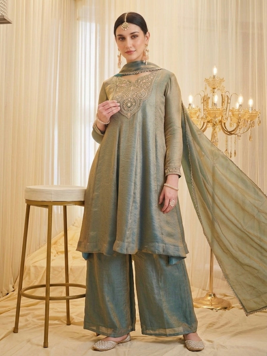 Women's Embroidered A-Line Kurta Palazzo Set with Dupatta