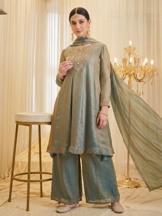 Women's Embroidered A-Line Kurta Palazzo Set with Dupatta